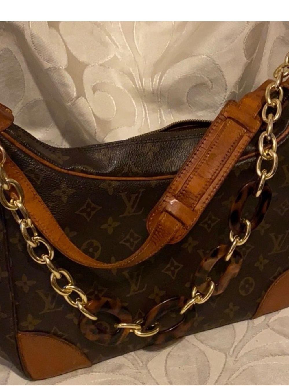Louis Vuitton Brown Monogram Shoulder Bag with Cream Chain